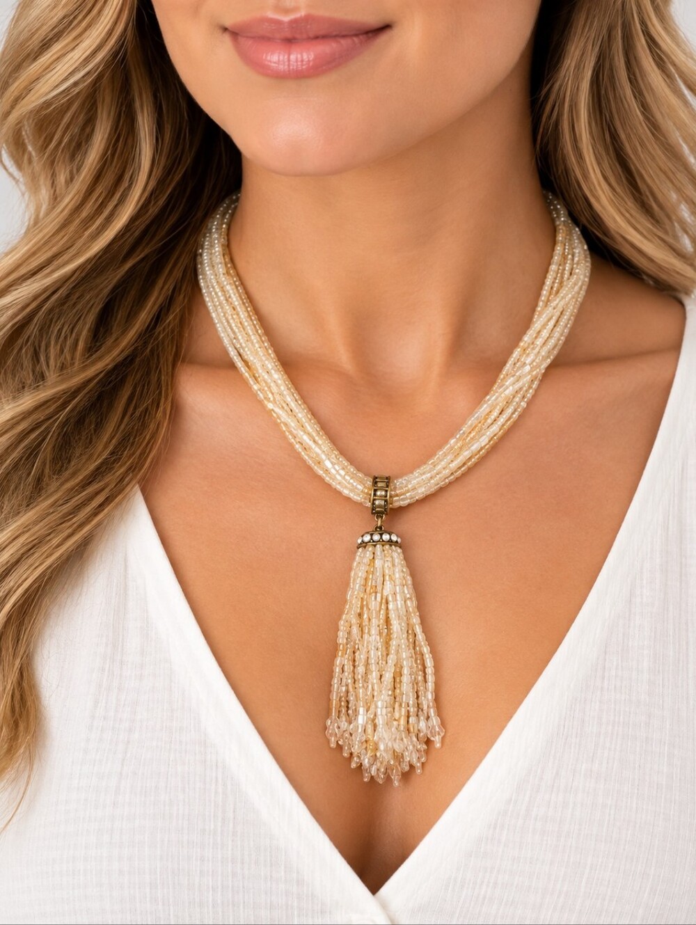 Vintage Multi-strand Delicate Pink Irridescent Beaded Tassel Necklace